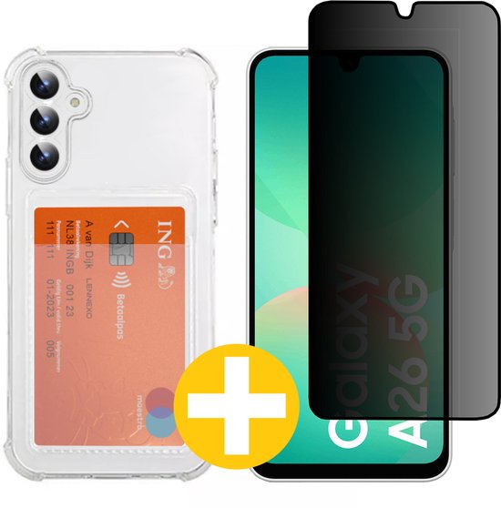 Pashouder Hoesje en Privacy Screenprotector Combi Geschikt Voor Samsung A26 - Pasjeshouder + Privacy Screenprotector