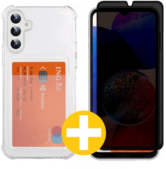 Pashouder Hoesje en Privacy Screenprotector Combi Geschikt Voor Samsung A14 - Pasjeshouder + Privacy Screenprotector