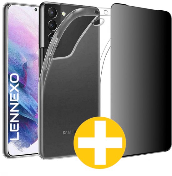 Hoesje en Privacy Screenprotector Combi Geschikt Voor Samsung S21 - Transparant Hoesje + Privacy Glas