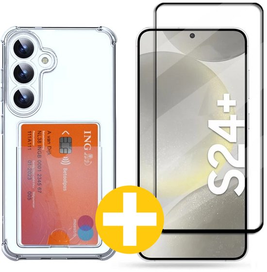 Pashouder Hoesje en Screenprotector Combi Geschikt Voor Samsung S24+ (S24 PLUS) - Pasjeshouder + Premium Screenprotector