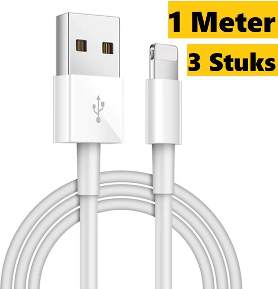3x Lightning Naar USB-A data en Laadkabel 1 Meter|Geschikt voor Apple iPhone 6,7,8,SE,X,XS,XR,11,12,13,Mini,Pro Max|Premium Kabel|Oplaadsnoer Geschikt Voor iPhone en iPad