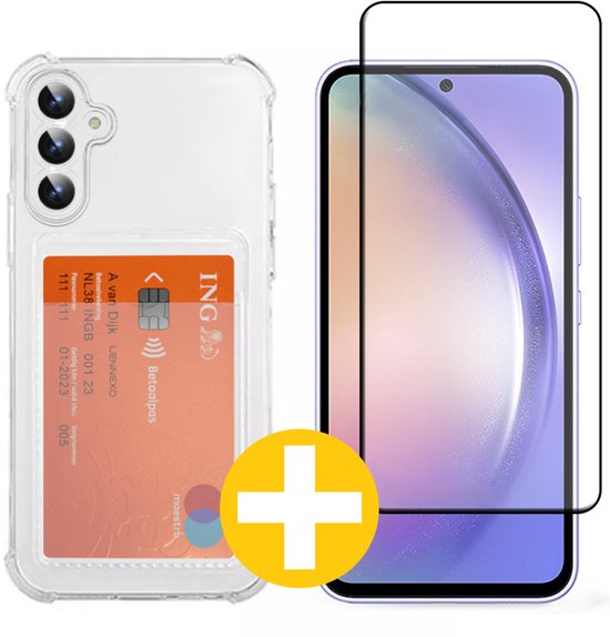 Pashouder Hoesje en Screenprotector Combi Geschikt Voor Samsung A54 - Pasjeshouder + Premium Screenprotector