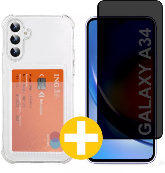 Pashouder Hoesje en Privacy Screenprotector Combi Geschikt Voor Samsung A34 - Pasjeshouder + Privacy Screenprotector