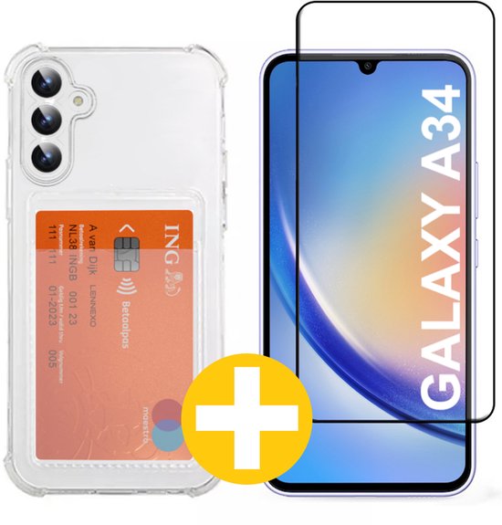 Pashouder Hoesje en Screenprotector Combi Geschikt Voor Samsung A34 - Pasjeshouder + Premium Screenprotector