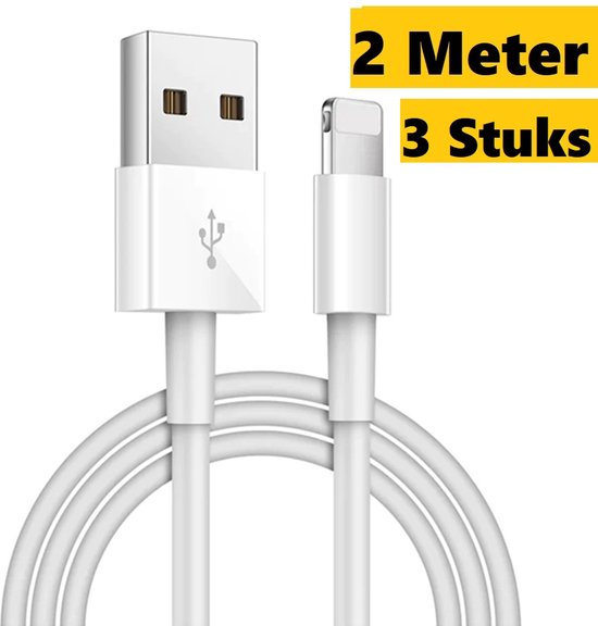 3x Lightning Naar USB-A data en Laadkabel 2 Meter|Geschikt voor Apple iPhone 6,7,8,SE,X,XS,XR,11,12,13,Mini,Pro Max|Premium Kabel|Oplaadsnoer Geschikt Voor iPhone en iPad