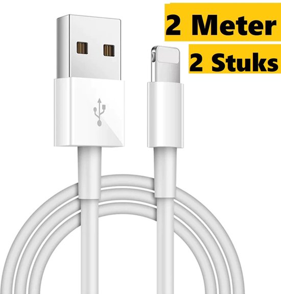 2x Lightning Naar USB-A data en Laadkabel 2 Meter|Geschikt voor Apple iPhone 6,7,8,SE,X,XS,XR,11,12,13,Mini,Pro Max|Premium Kabel|Oplaadsnoer Geschikt Voor iPhone en iPad