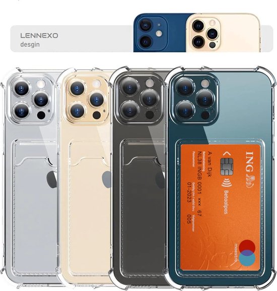 Lennexo Hoesje Met Pashouder Geschikt Voor iPhone 12 Pro - Transparant Siliconen Hoesje - Shockproof Case