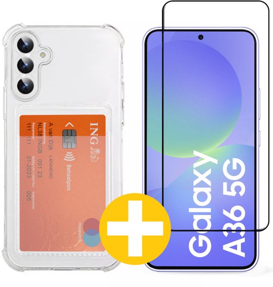 Pashouder Hoesje en Screenprotector Combi Geschikt Voor Samsung A36 - Pasjeshouder + Premium Screenprotector