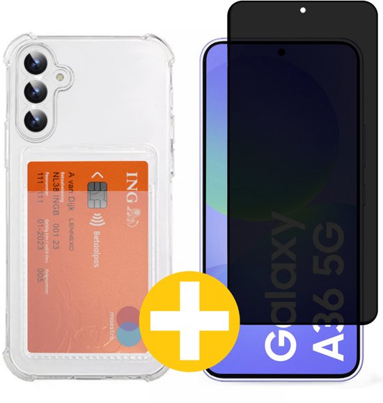 Pashouder Hoesje en Privacy Screenprotector Combi Geschikt Voor Samsung A36 - Pasjeshouder + Privacy Screenprotector
