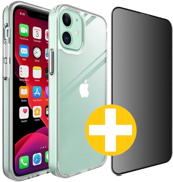 Hoesje en Privacy Screenprotector Combi Geschikt Voor iPhone 12 Mini - Transparant Hoesje + Privacy Glas
