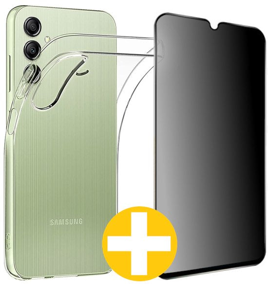Hoesje en Privacy Screenprotector Combi Geschikt Voor Samsung A14 - Transparant Hoesje + Privacy Glas