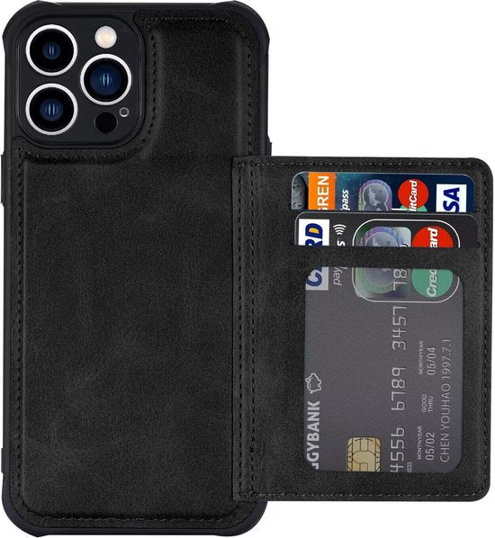 Armordrop Hoesje Met Pasjeshouder Geschikt Voor iPhone 14 - Backcover Hoesje Met Portemonnee - Ruimte Voor 3 Pasjes - Zwart