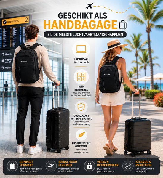 Revoluxa 27L Rugtas met Laptopvak tot 14 inch - Waterdichte Schooltas, Laptoptas, Reistas voor Dames en Heren - Zwart