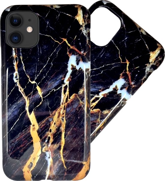 Luxe Hoesje Geschikt Voor iPhone 12 Hoesje - Siliconen Marmer Hoesje - Zwart/Goud