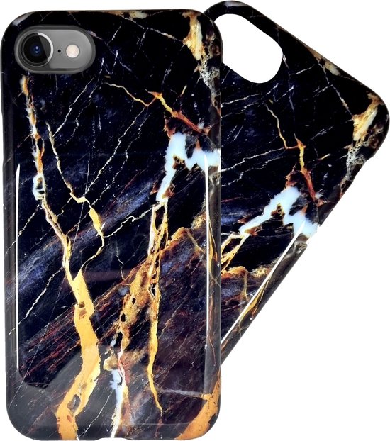 Luxe iPhone SE Hoesje | Siliconen Marmer Hoesje | Soft Back Cover Telefoonhoesje | Geschikt voor iPhone SE 2022 / 2020 / 8 / 7 / - Zwart/Goud