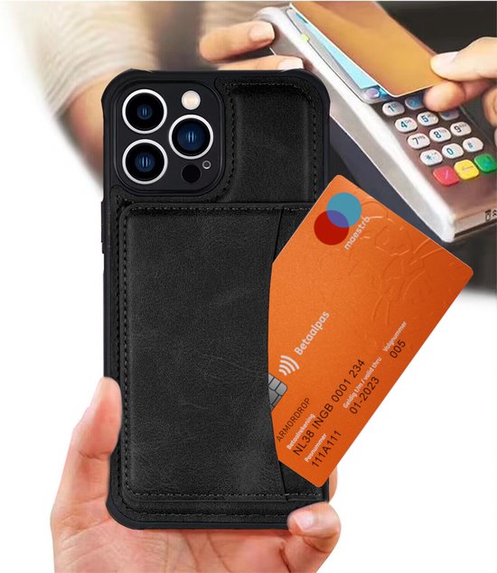 Armordrop Hoesje Met Pasjeshouder Geschikt Voor iPhone 12 - Backcover Hoesje Met Portemonnee - Ruimte Voor 3 Pasjes - Zwart