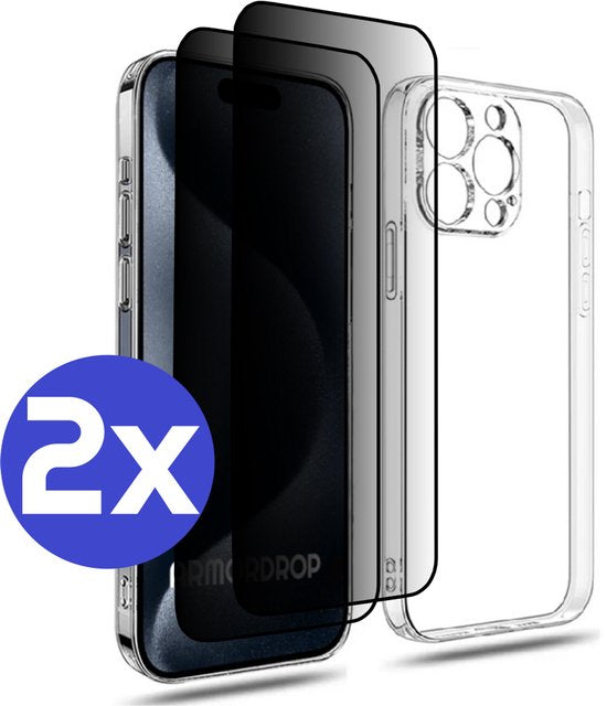ArmorDrop Transparant Hoesje Inclusief 2x Privacy Screenprotector Geschikt Voor iPhone 15 Pro Max