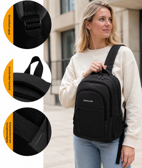 Revoluxa 27L Rugtas met Laptopvak tot 14 inch - Waterdichte Schooltas, Laptoptas, Reistas voor Dames en Heren - Zwart