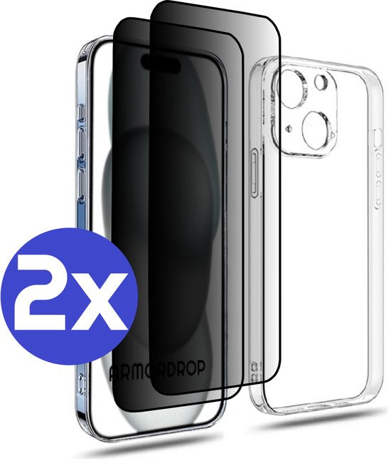 ArmorDrop Transparant Hoesje Inclusief 2x Privacy Screenprotector Geschikt Voor iPhone 15