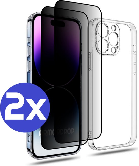 ArmorDrop Transparant Hoesje Inclusief 2x Privacy Screenprotector Geschikt Voor iPhone 14 Pro
