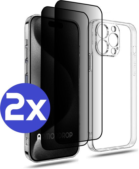 ArmorDrop Transparant Hoesje Inclusief 2x Privacy Screenprotector Geschikt Voor iPhone 15 Pro
