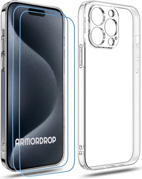ArmorDrop Transparant Hoesje Inclusief 2x Screenprotector Geschikt Voor iPhone 15 Pro Max