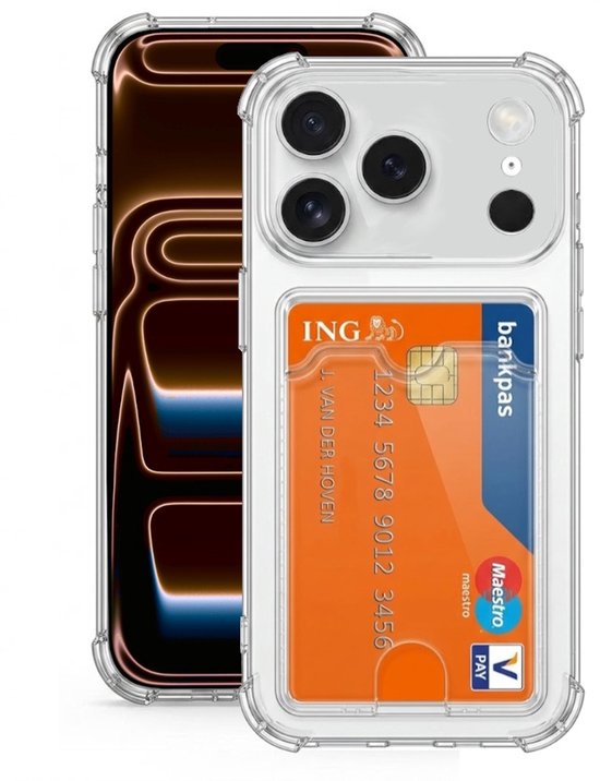 Pashouder Hoesje en Screenprotector Combi Geschikt Voor iPhone 17 Pro Max - Pasjeshouder + 2x Screenprotector
