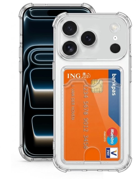 Pashouder Hoesje en Screenprotector Combi Geschikt Voor iPhone 17 Pro - Pasjeshouder + 2x Screenprotector