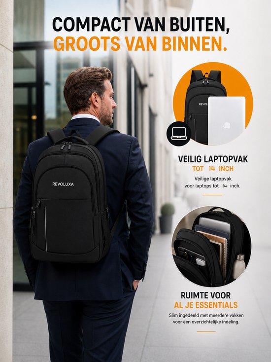 Revoluxa 27L Rugtas met Laptopvak tot 14 inch - Waterdichte Schooltas, Laptoptas, Reistas voor Dames en Heren - Zwart