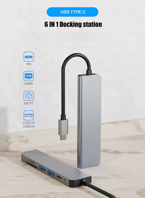 Lennexo 6 in 1 USB-C Hub Adapter - HDMI 4K - USB-A - USB-C - SD TF Kaartlezer | Geschikt Voor Macbook | Laptop | Smartphone | Tablet | iPhone en iPad