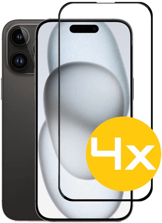 Full Cover Screenprotector Geschikt Voor iPhone 15 - Volledige Beschermglas - PREMIUM Tempered Glass - 4 stuks