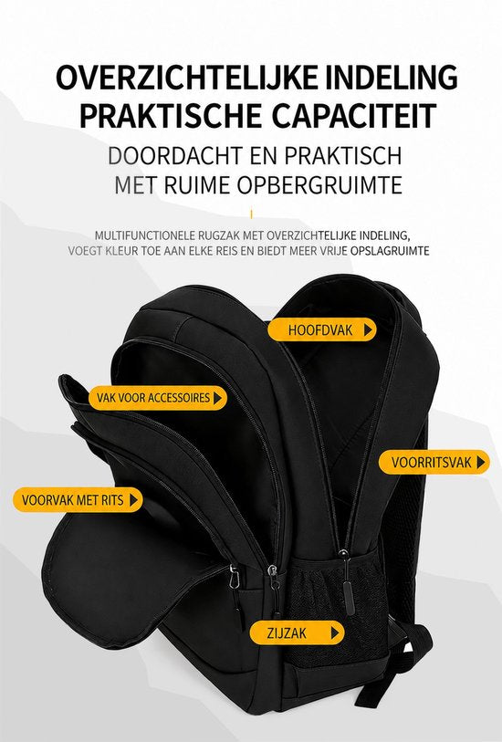 Revoluxa 27L Rugtas met Laptopvak tot 14 inch - Waterdichte Schooltas, Laptoptas, Reistas voor Dames en Heren - Zwart