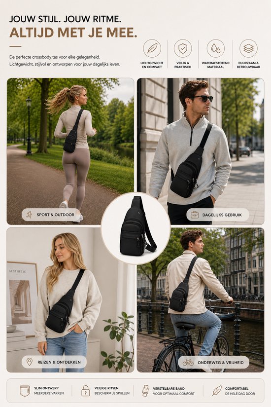 Crossbody Schoudertas met 4 Opbergvakken - Waterdichte Slingbag Tas Dames en Heren - Waterdichte Nektasje / Telefoontasje - Zwart
